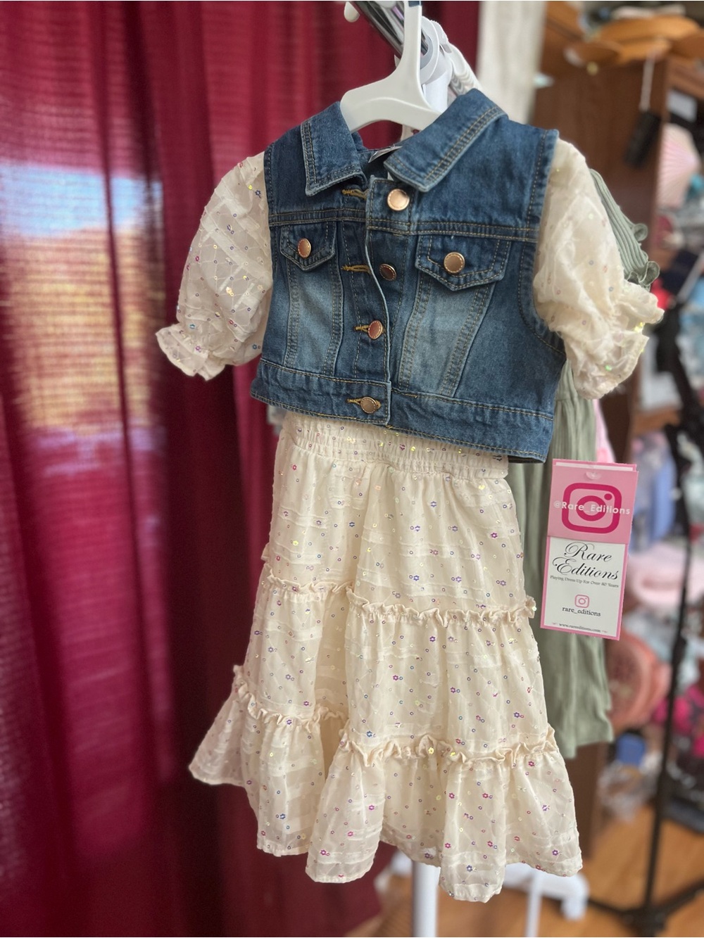 Rare Editions Cream Sequin Tiered Dress with Denim Accent